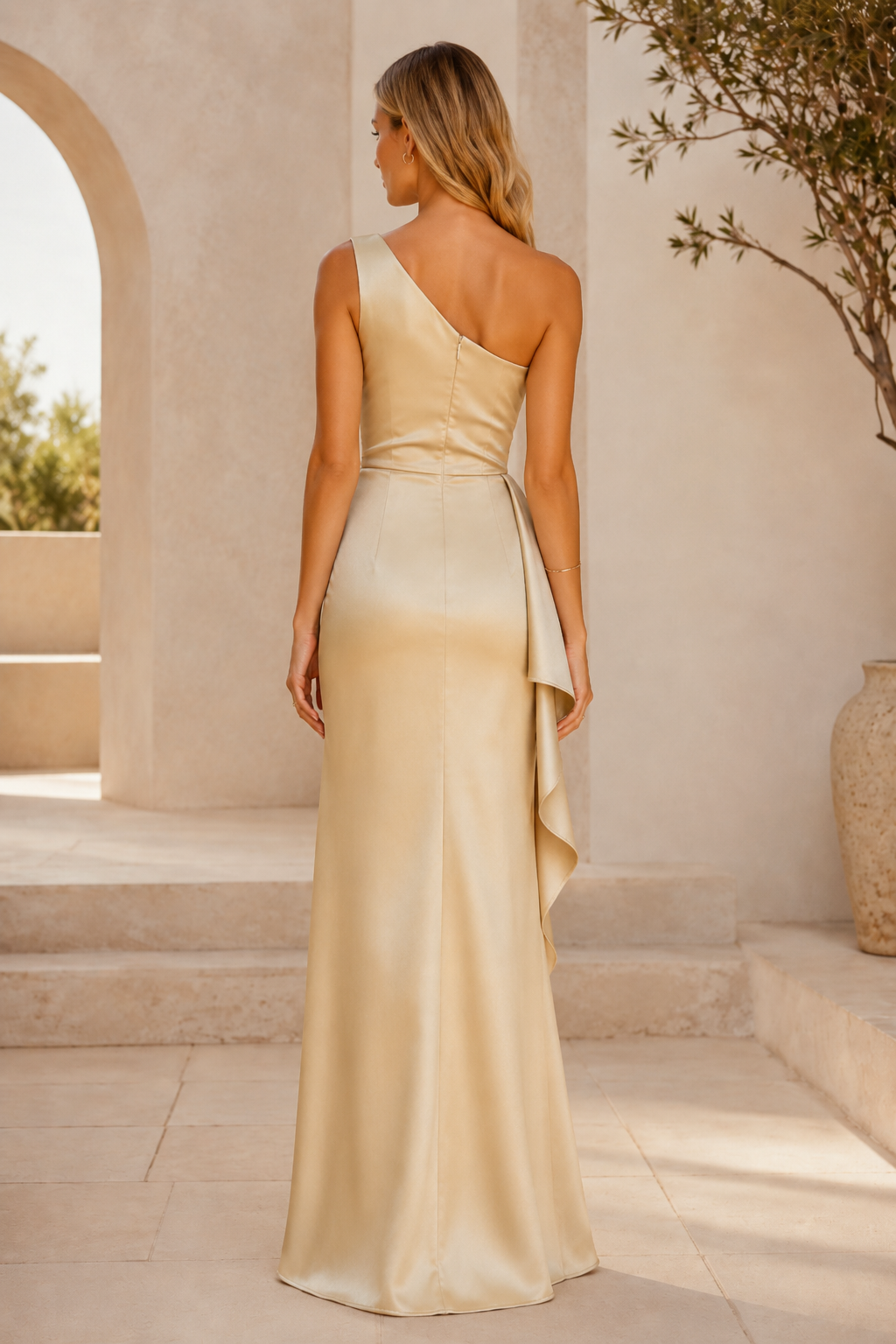 One-Shoulder Ruched Satin Gown with Side Drape