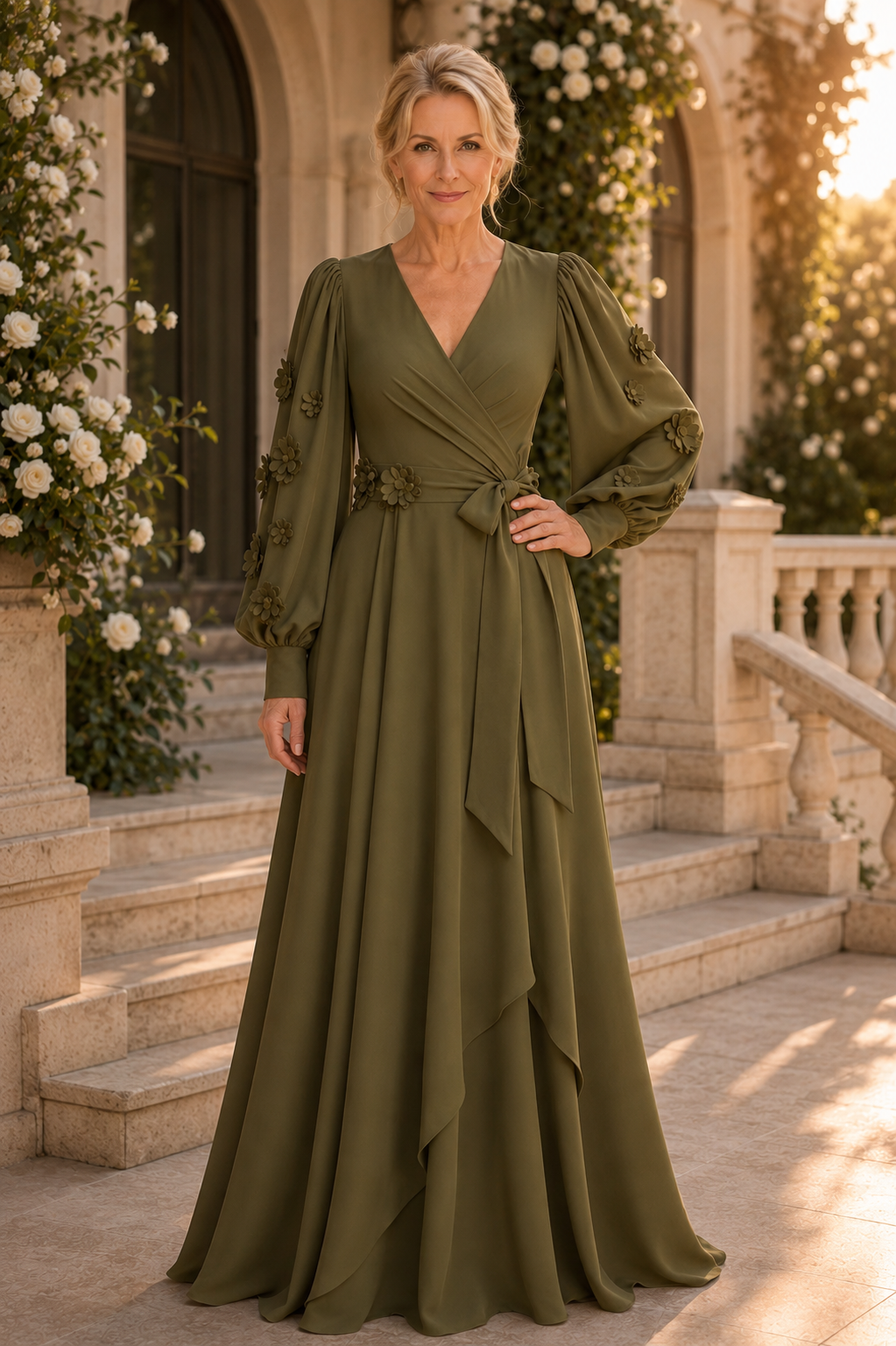 A-Line Wrap Evening Dress with 3D Flower Sleeves