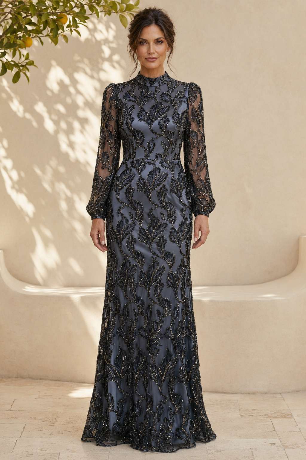 Beaded High-Neck Long Sleeve Evening Gown