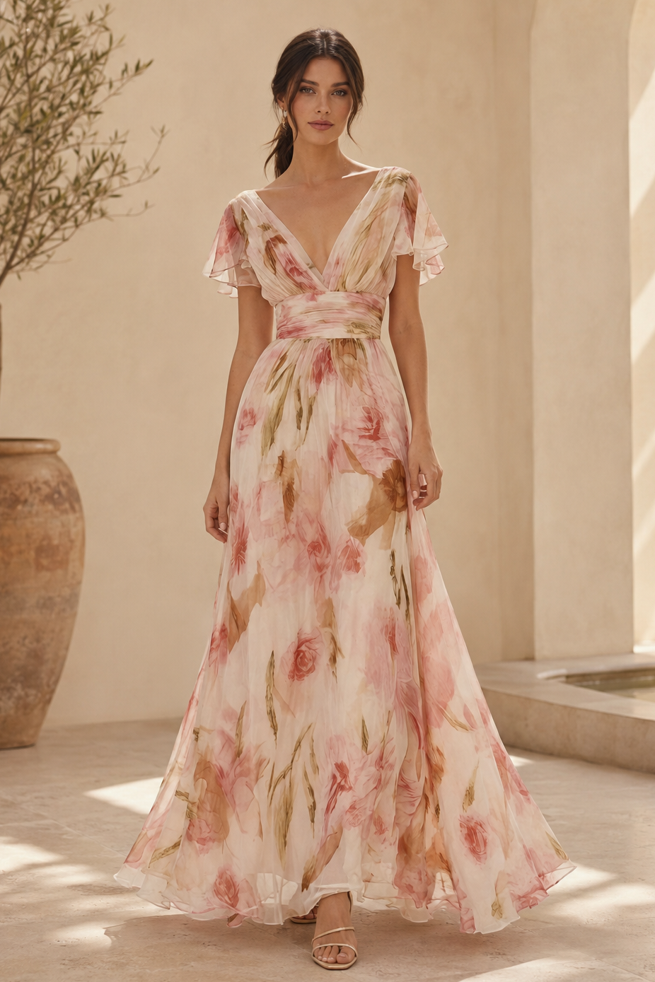 Floral Print V-Neck Maxi Dress with Flutter Sleeves