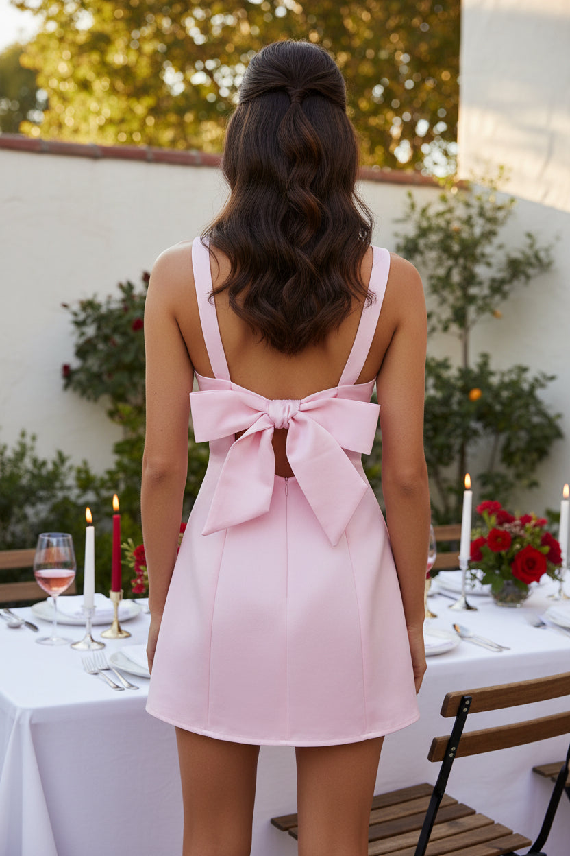 Square Neck Mini Dress with Back Bow