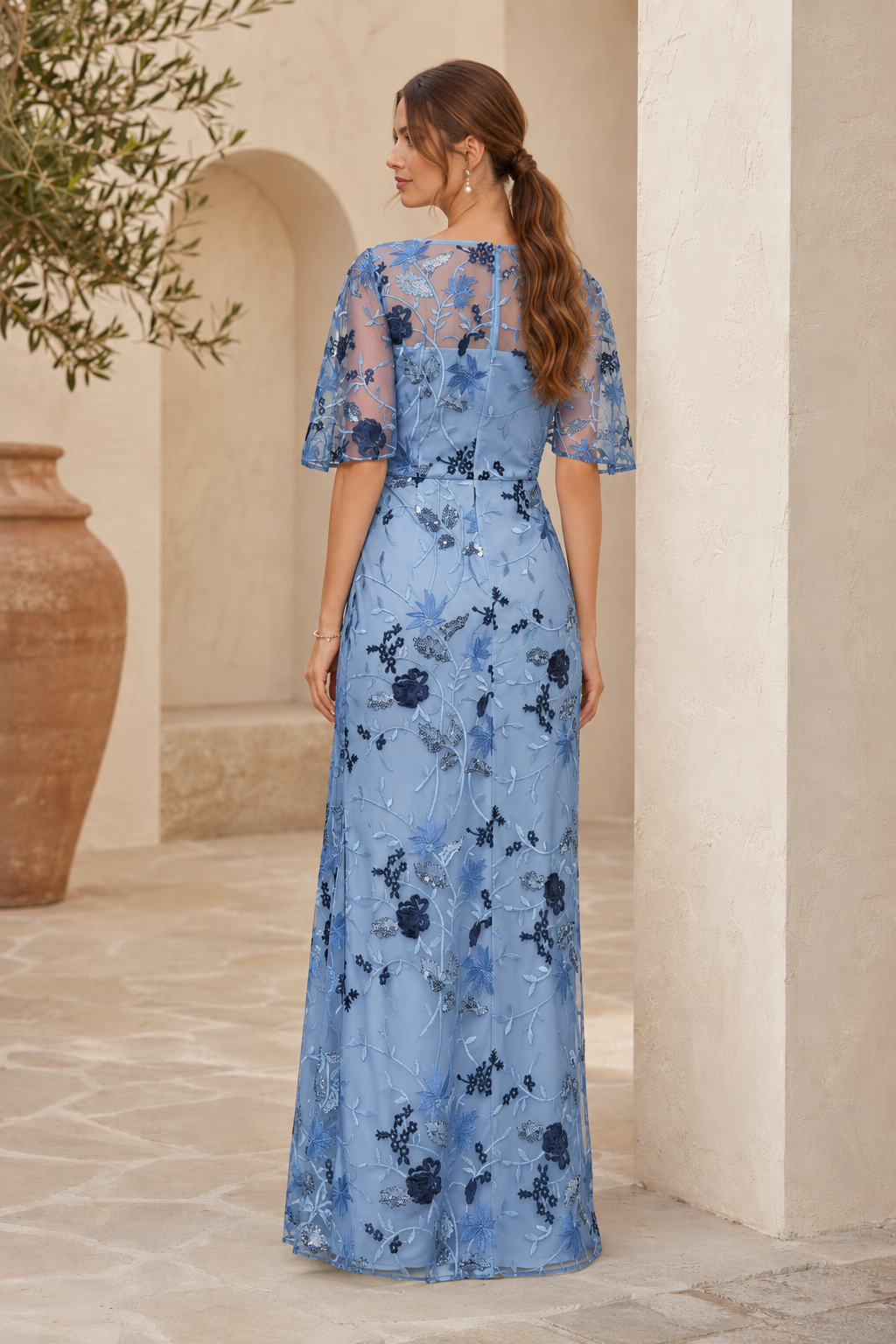 Floral Embroidered Illusion Sheath Evening Gown