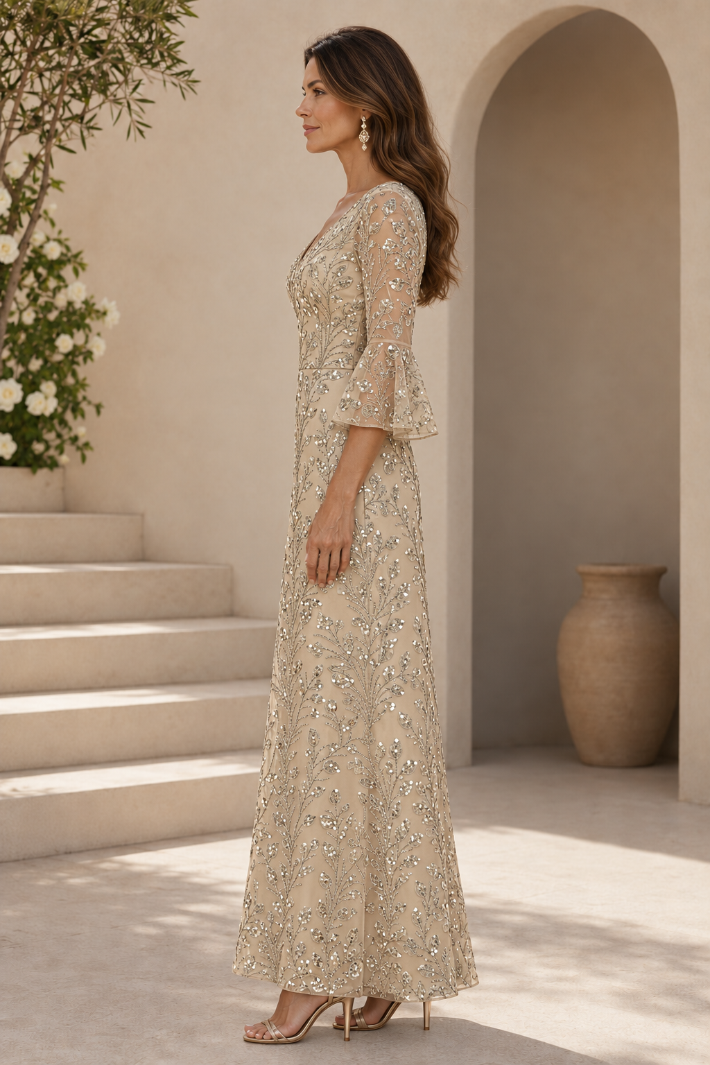 V-Neck Sequin Gown with Bell Sleeves
