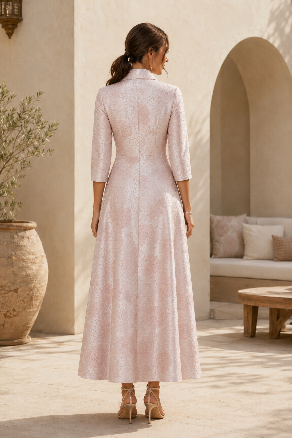 Floral Jacquard A-Line Dress with 3D Rose