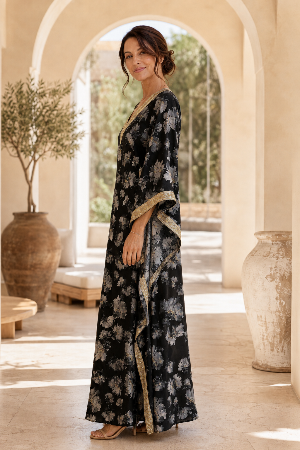 Floral Kaftan Maxi Dress with Draped Trim Sleeves