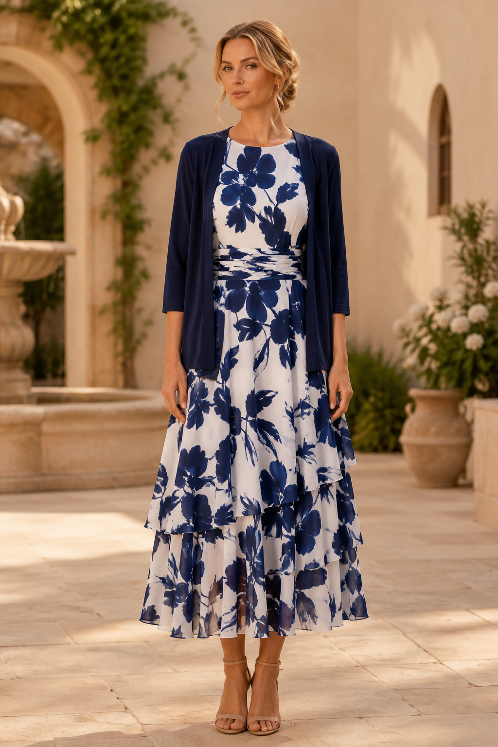 Floral Tiered Midi Dress with 3/4-Sleeve Jacket