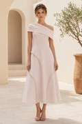 Asymmetrical Folded Neckline Midi Dress with Ruffle Seams