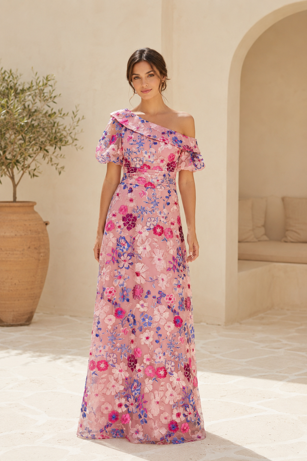 One-Shoulder Floral Embroidered A-Line Evening Gown