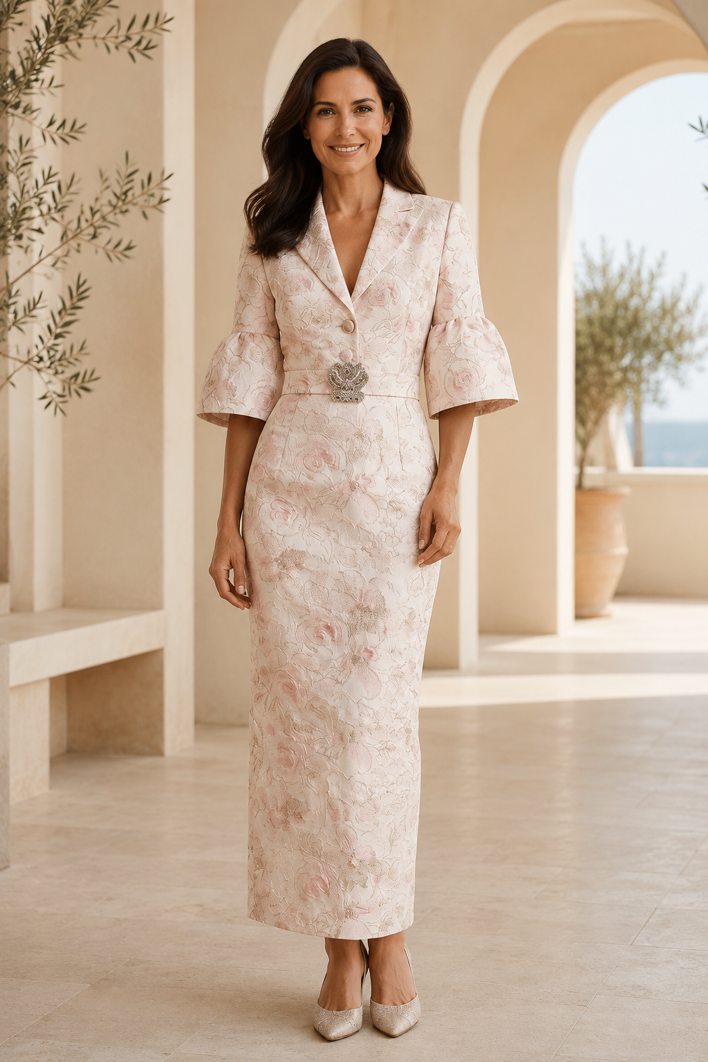 Floral Jacquard Blazer-Style Dress with Bell Sleeves