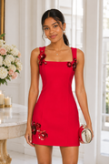Square Neck 3D Floral Applique Mini Dress