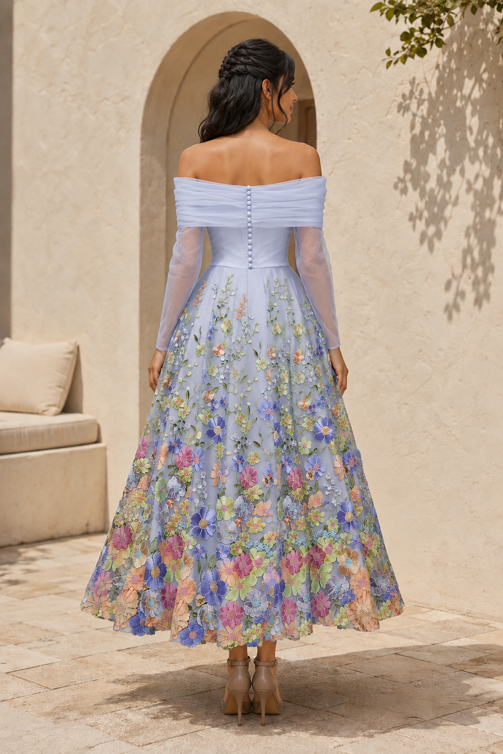 Off-the-Shoulder 3D Floral Long Sleeve Midi Dress