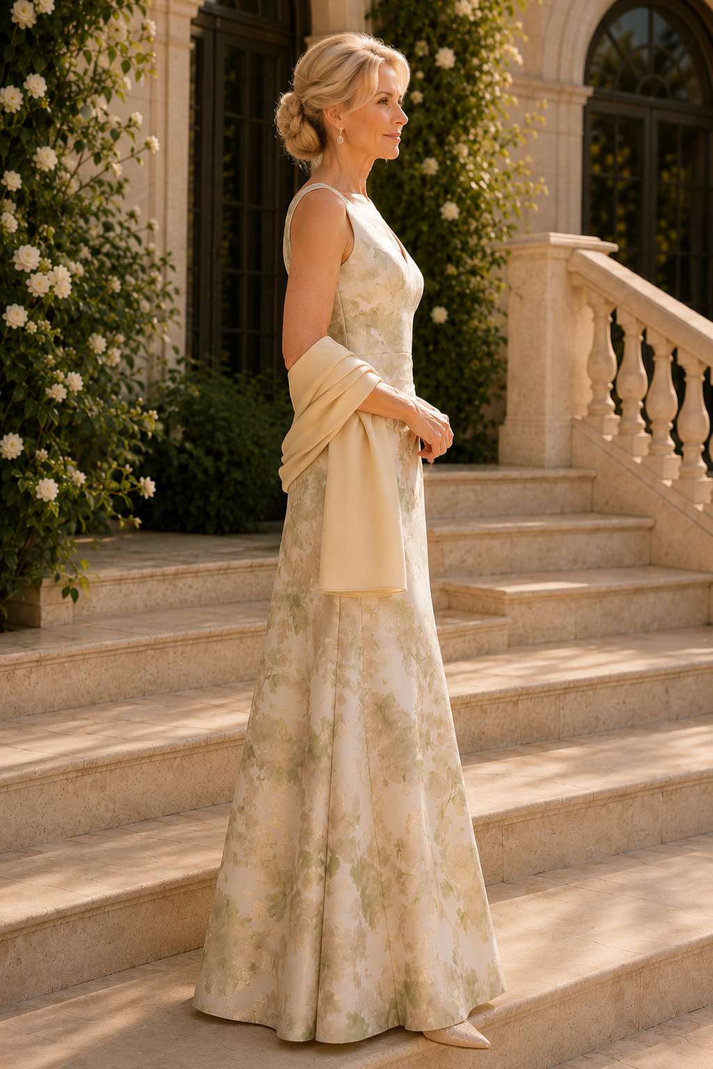 Floral Print Jacquard Sleeveless Formal Gown