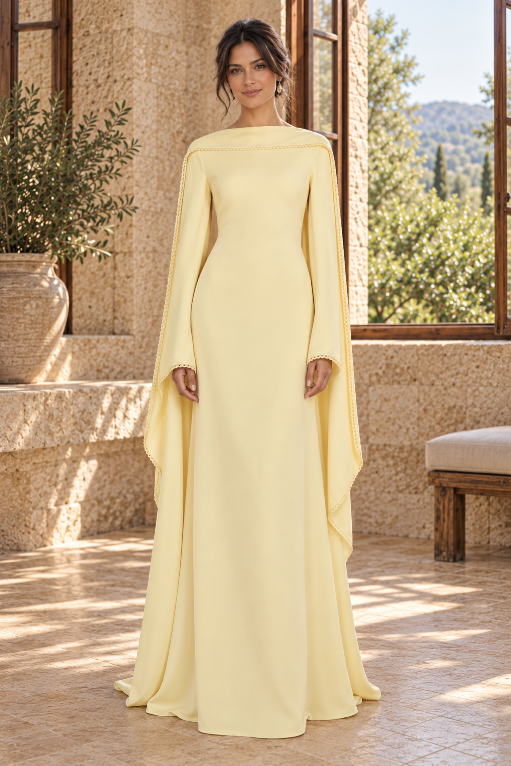 Bateau Neck Cape Sleeve Sheath Evening Gown
