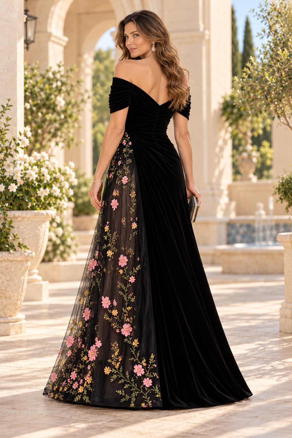 Floral Embroidered Off-the-Shoulder Evening Gown