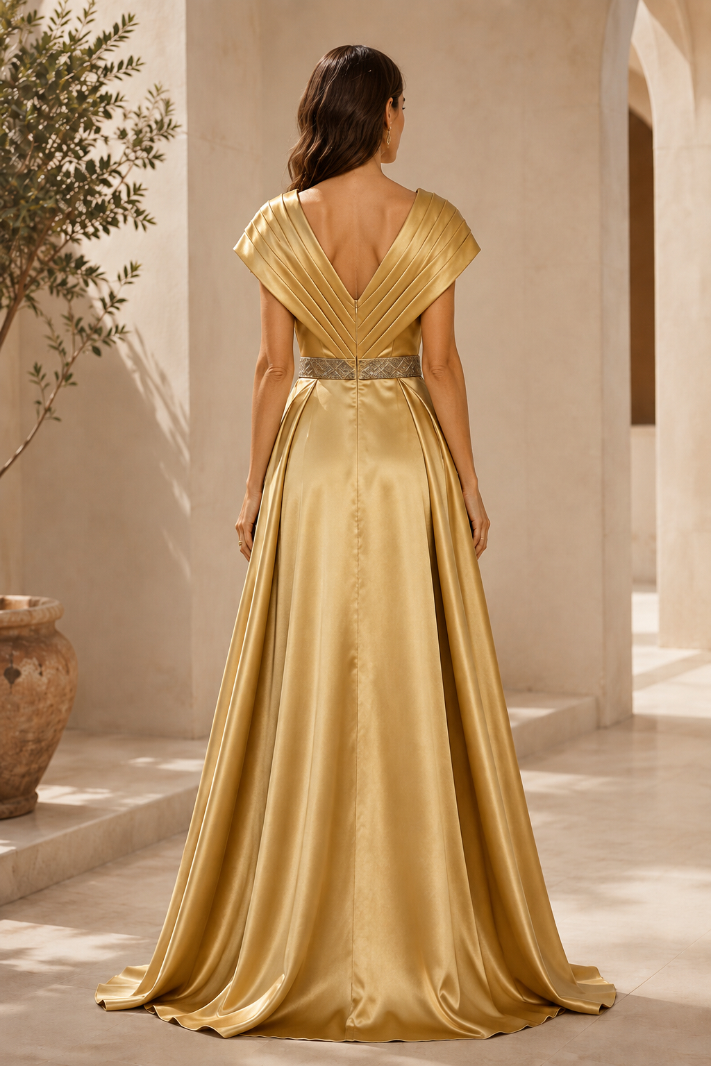 Pleated Satin Evening Gown with Beaded Belt