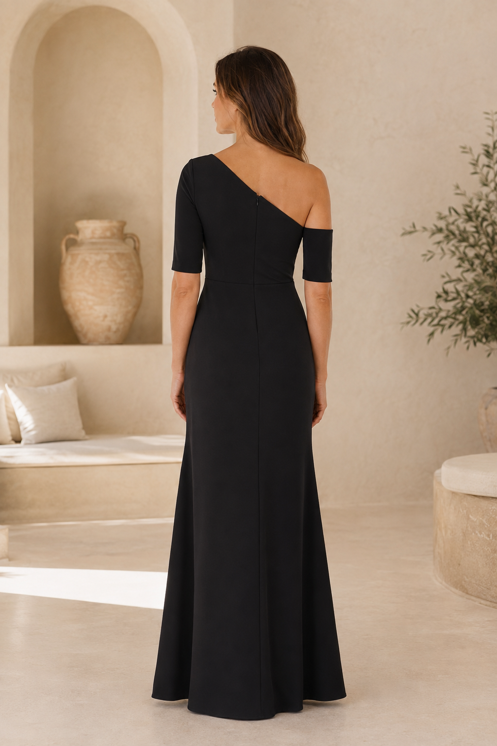 One-Shoulder Elbow-Sleeve Floor-Length Evening Gown