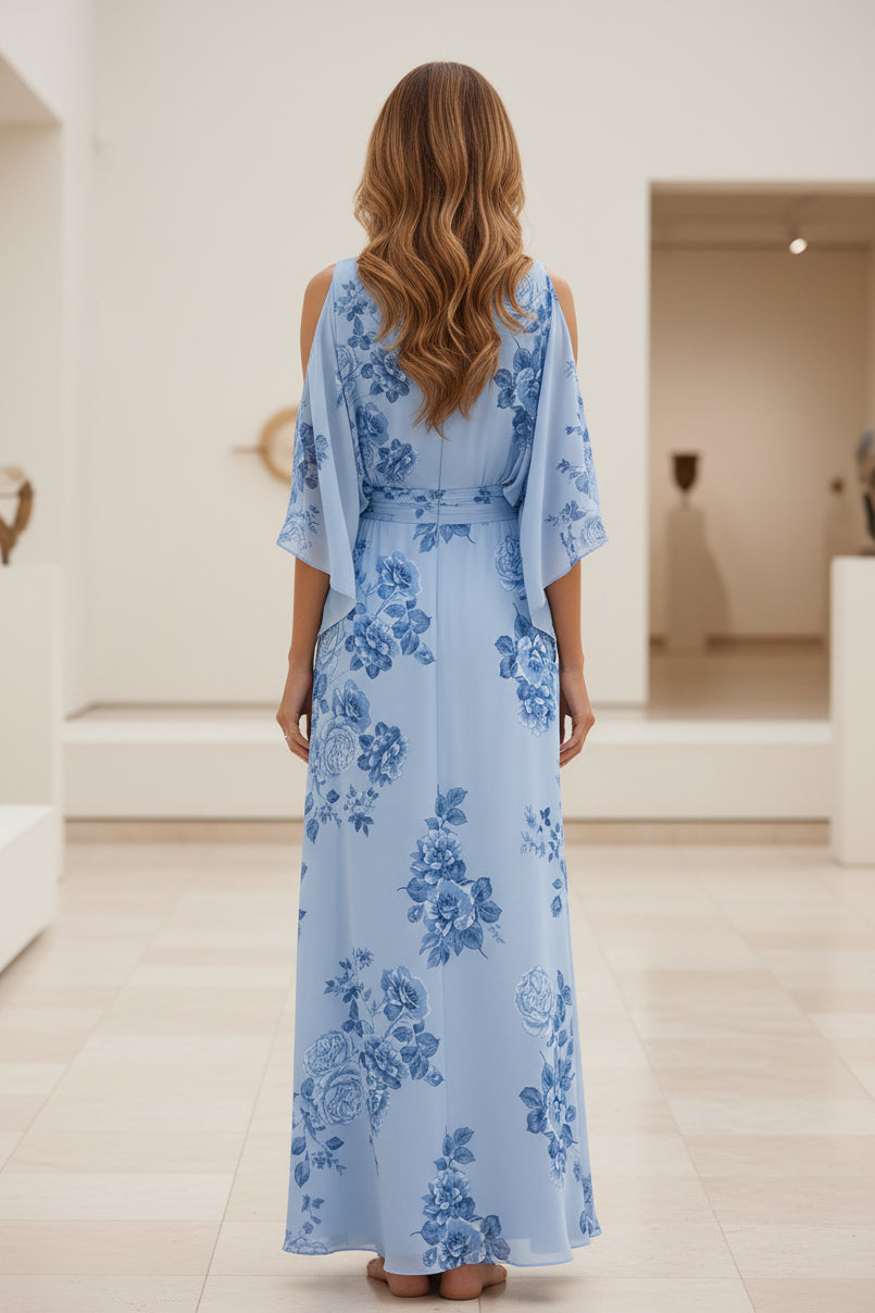Floral Print Cold Shoulder Maxi Dress with Pockets