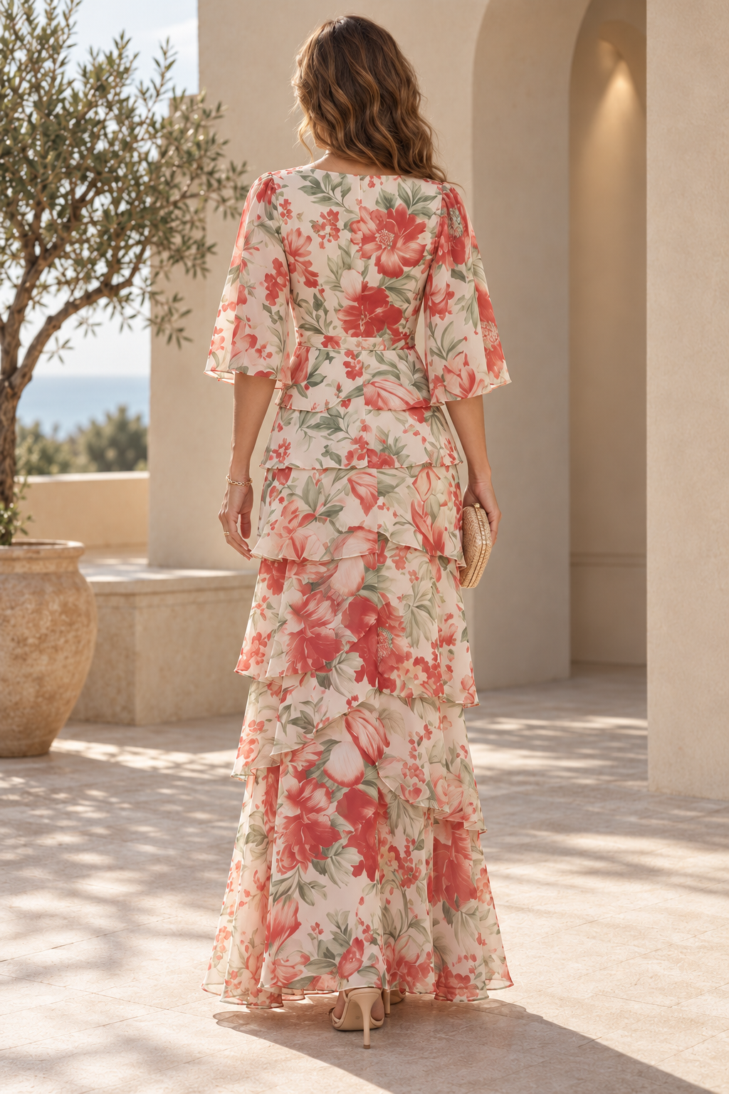 Tiered Floral Chiffon Maxi Dress with Sleeves