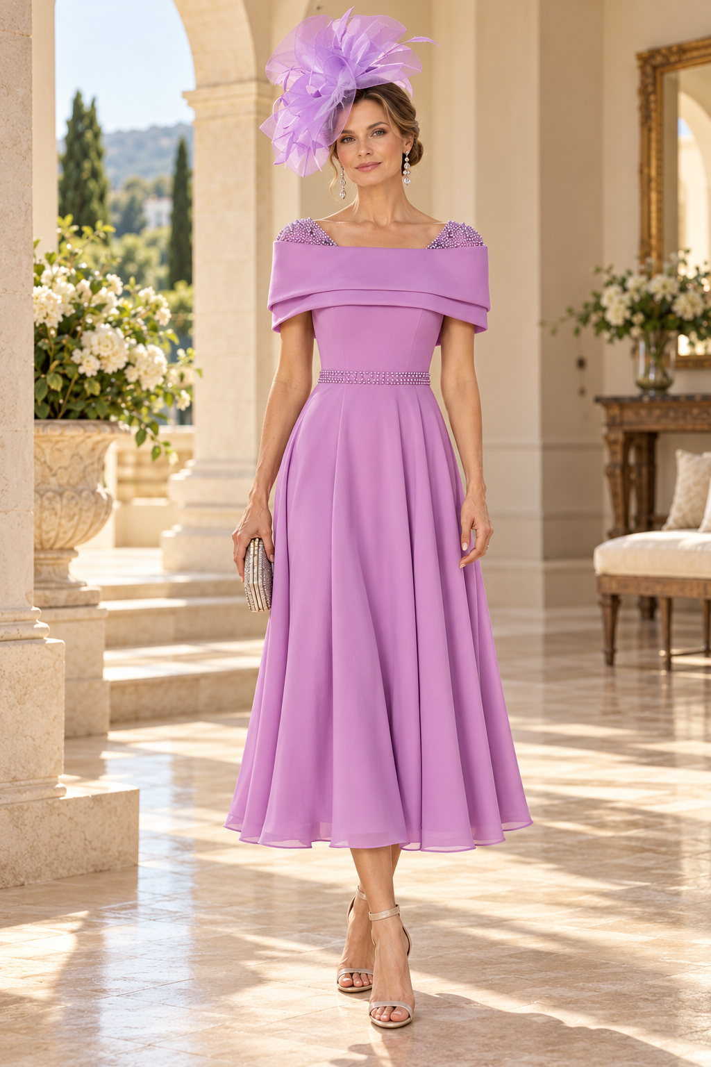 Beaded Shoulder Foldover Neck Midi A-Line Dress