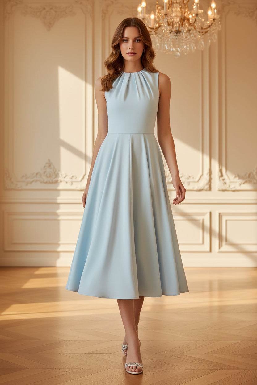 Pleated High-Neck A-Line Midi Dress