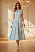 Pleated High-Neck A-Line Midi Dress
