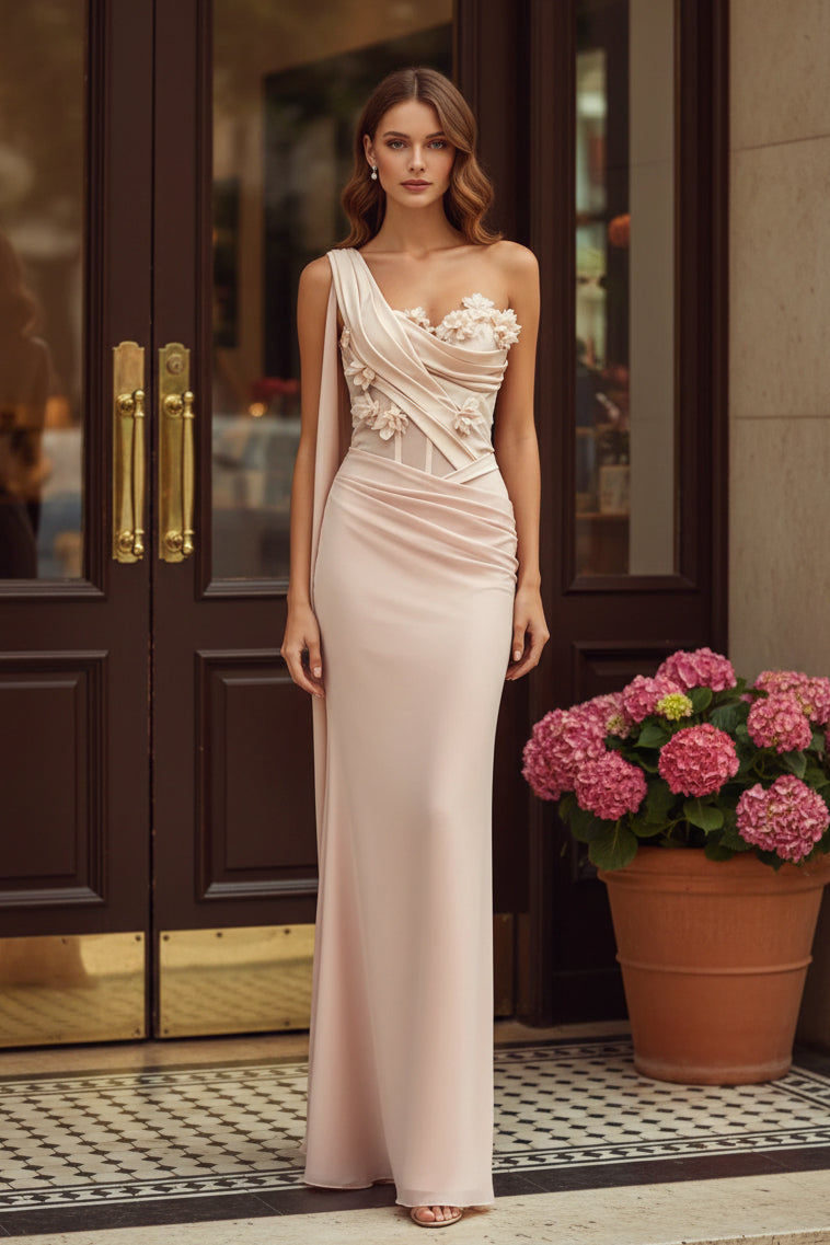 One-Shoulder 3D Floral Corset Evening Gown