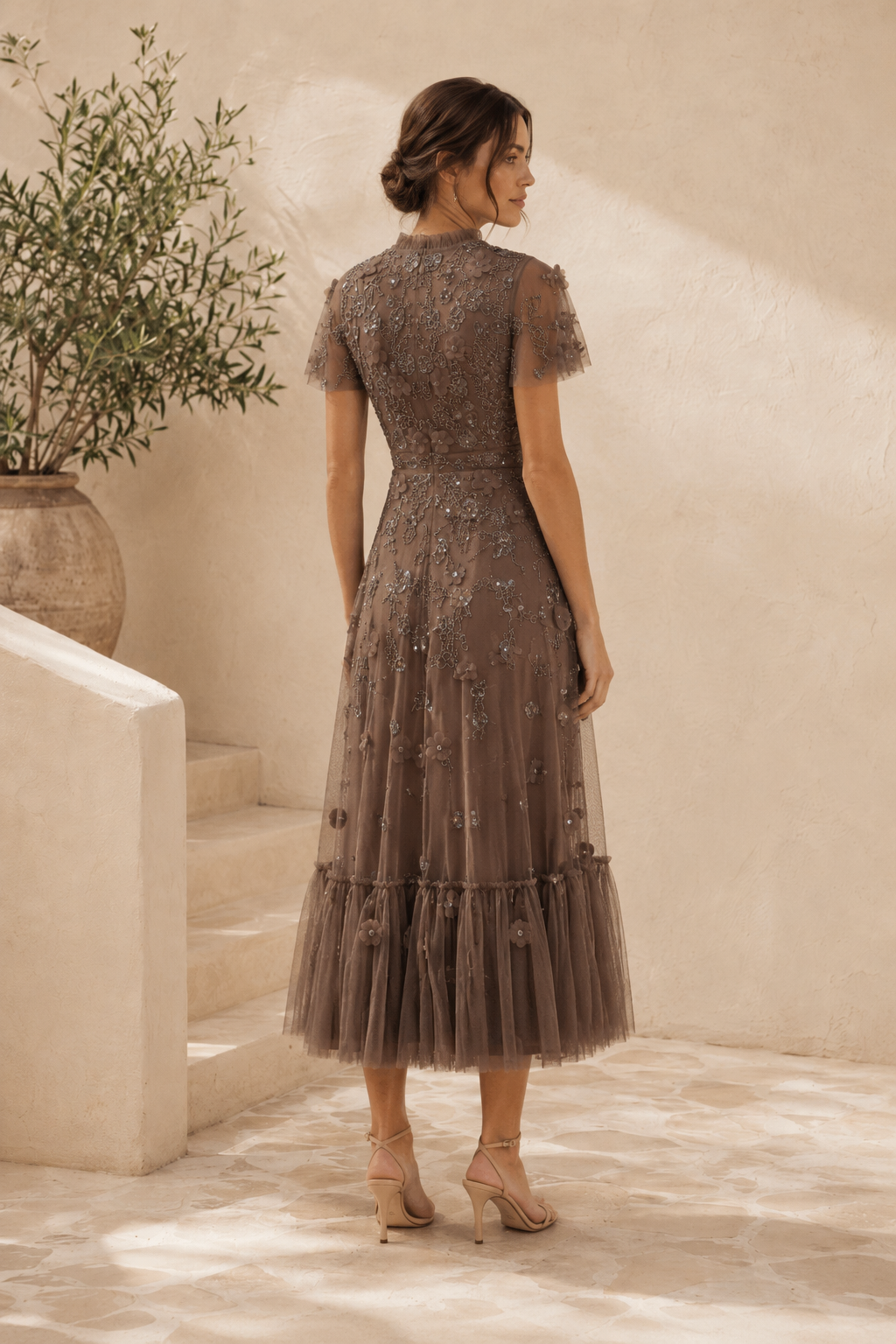 Floral Embroidered Tulle Midi Dress with Flutter Sleeves