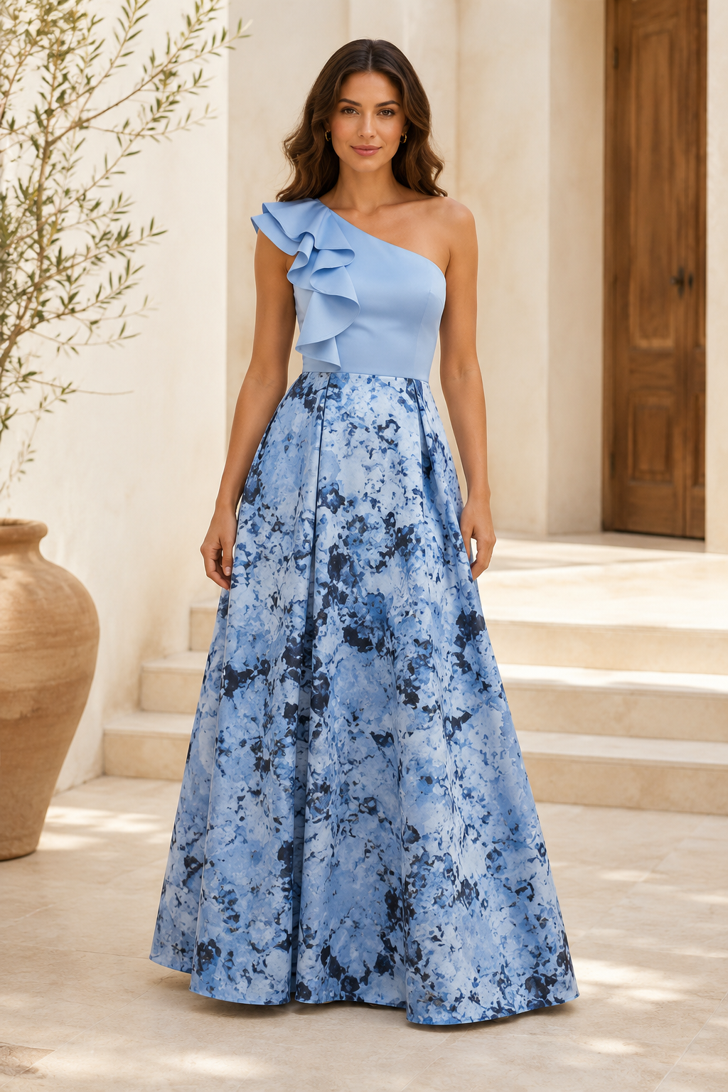One Shoulder Ruffle Floral Print A-Line Evening Gown