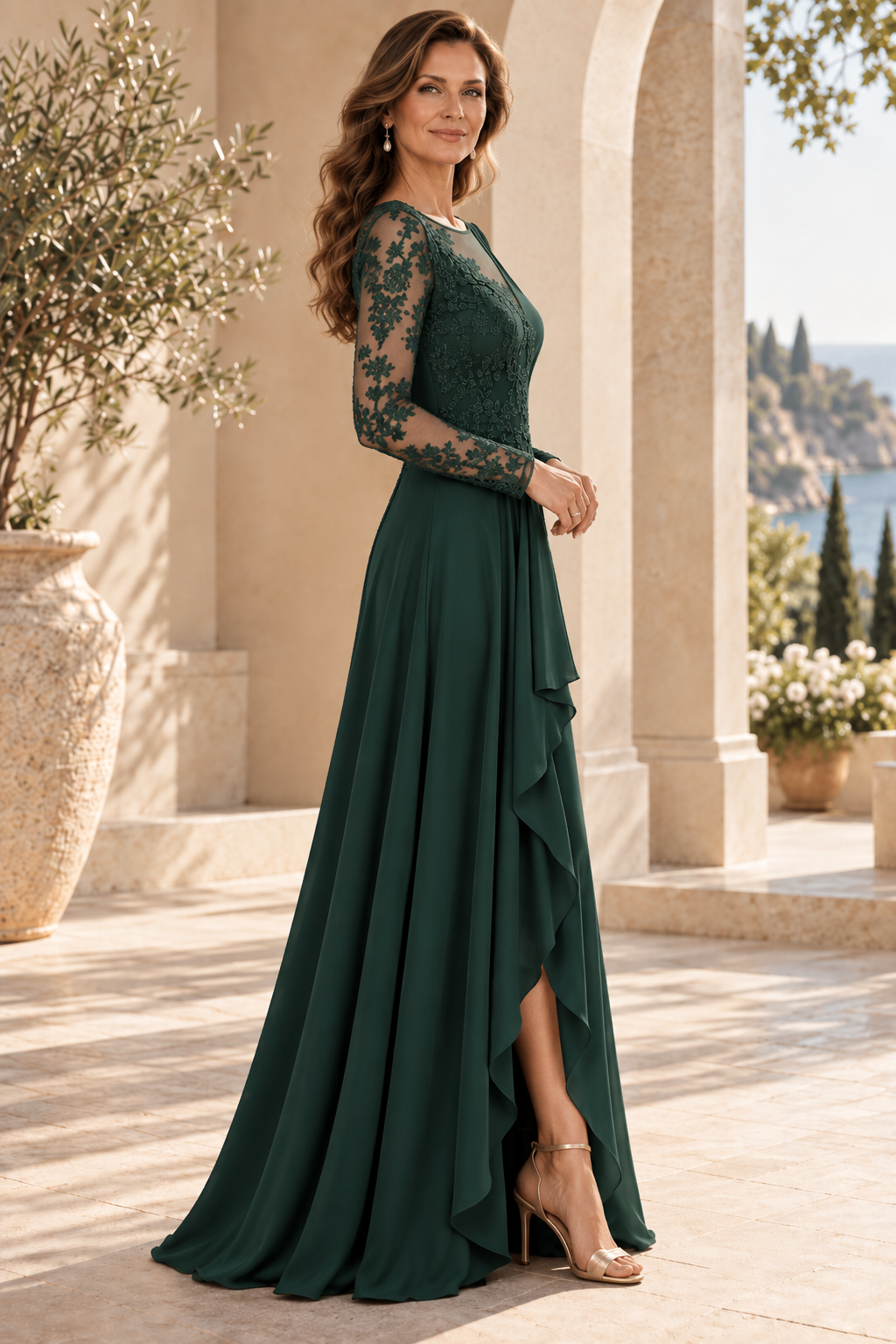 Asymmetrical Illusion Lace Long Sleeve High-Low Gown