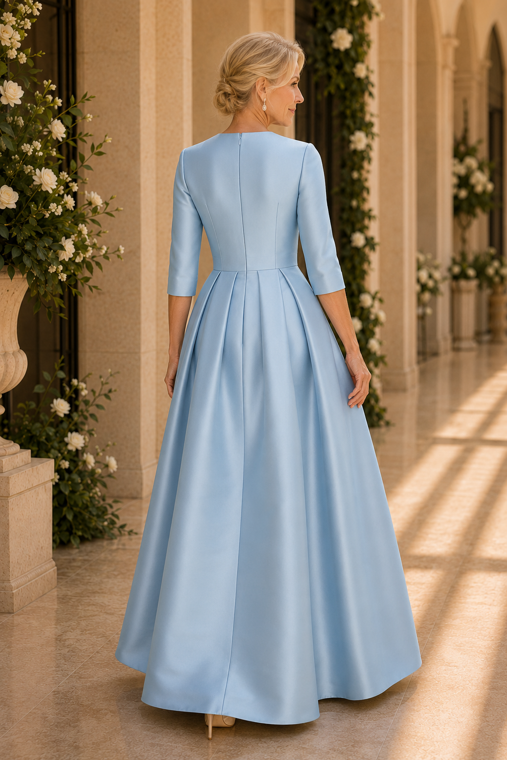 Pleated Plunge V-Neck 3/4 Sleeve A-Line Satin Gown