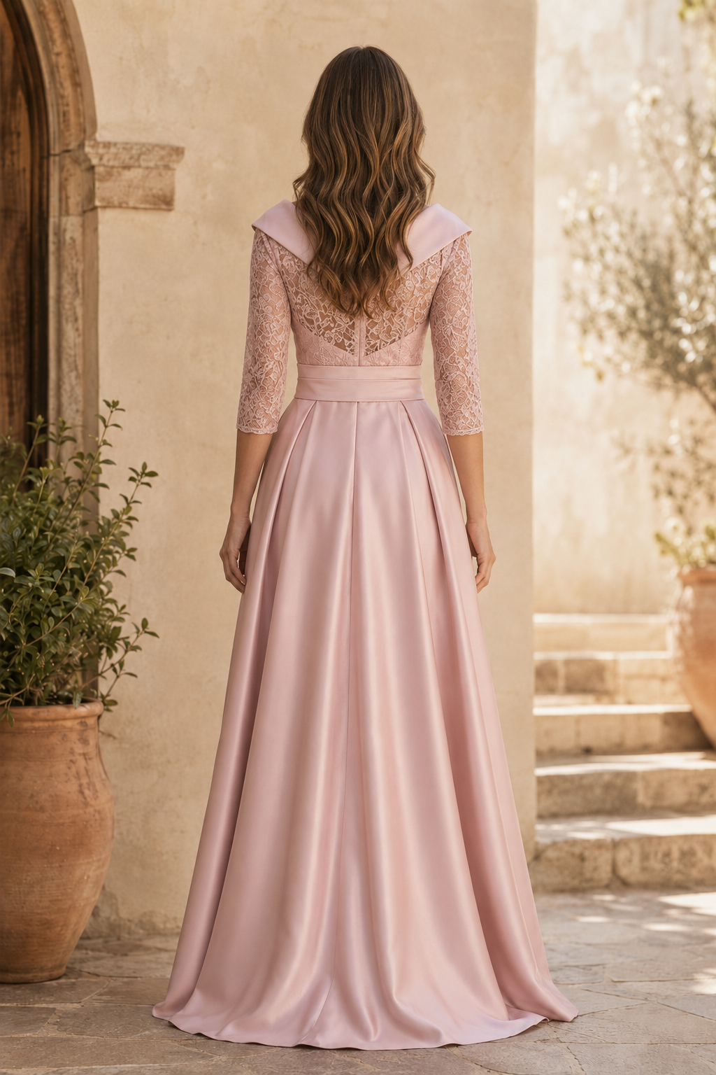 Lace Bodice A-Line Evening Gown with Sash