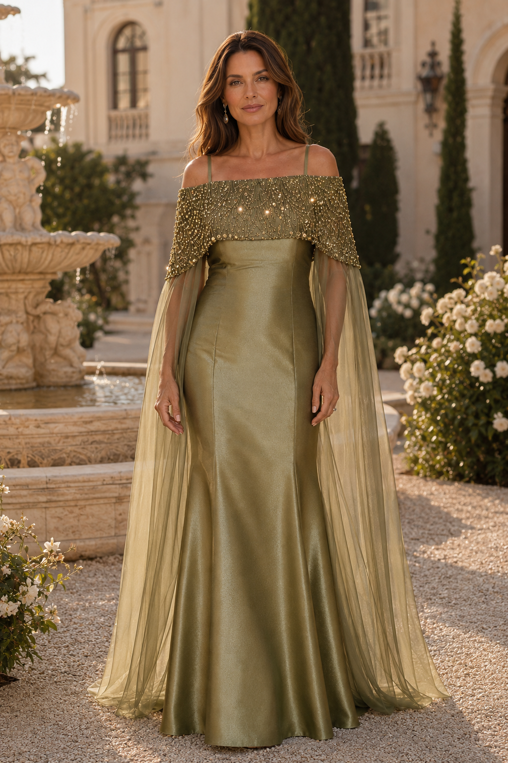 Beaded Capelet Mermaid Evening Gown