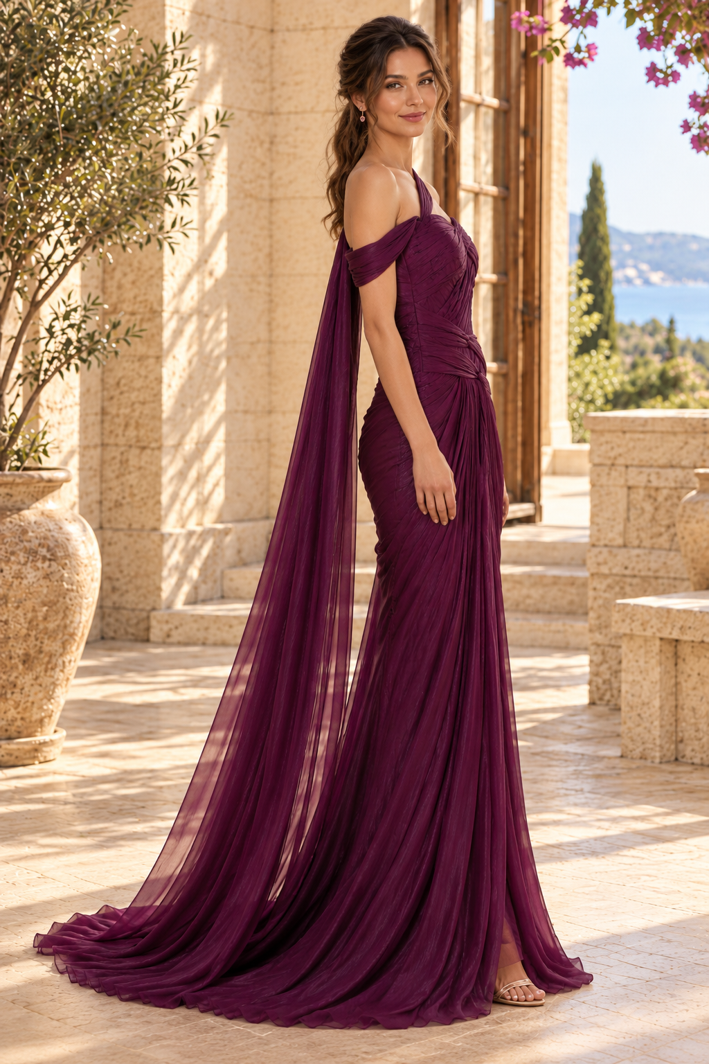 Pleated Asymmetrical Gown with Drape Cape