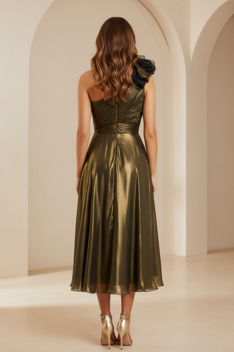 Pleated Metallic One-Shoulder Midi Dress