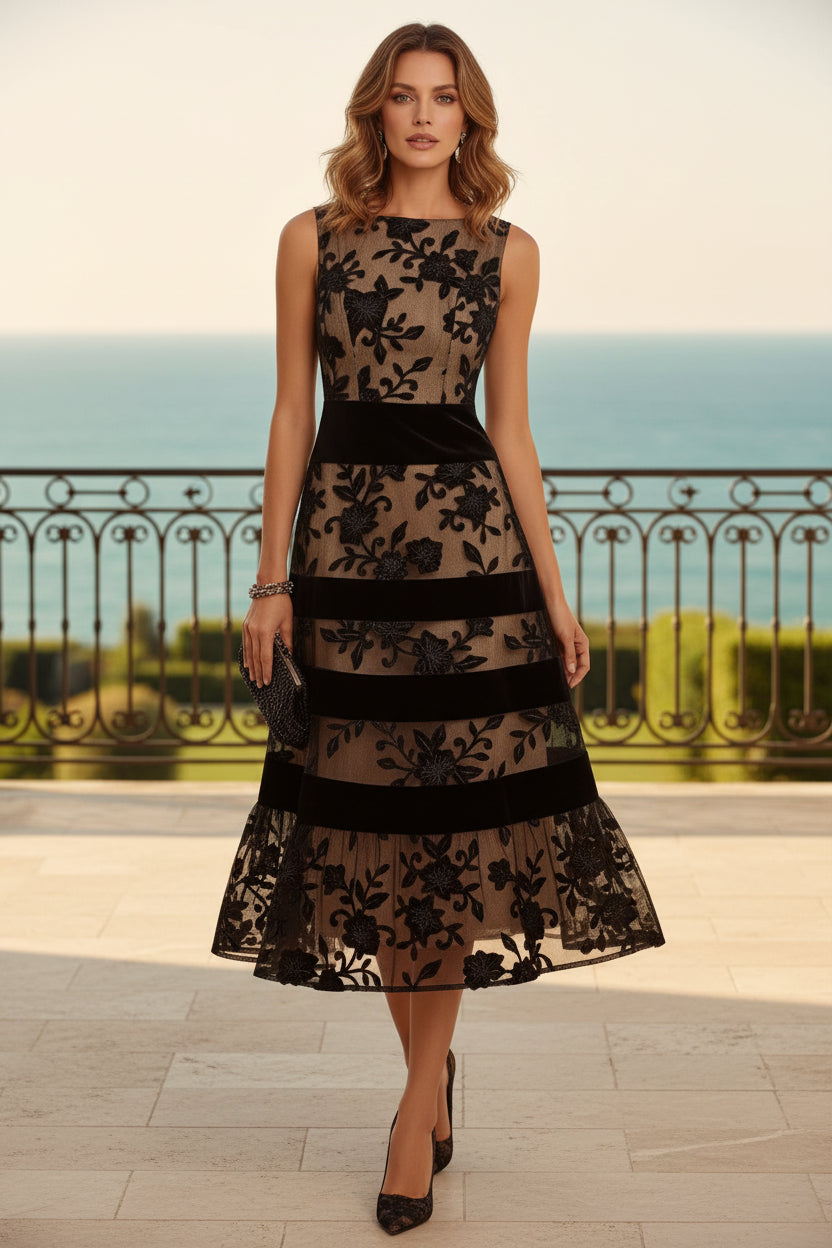 Floral Embroidered Midi Dress with Velvet Bands