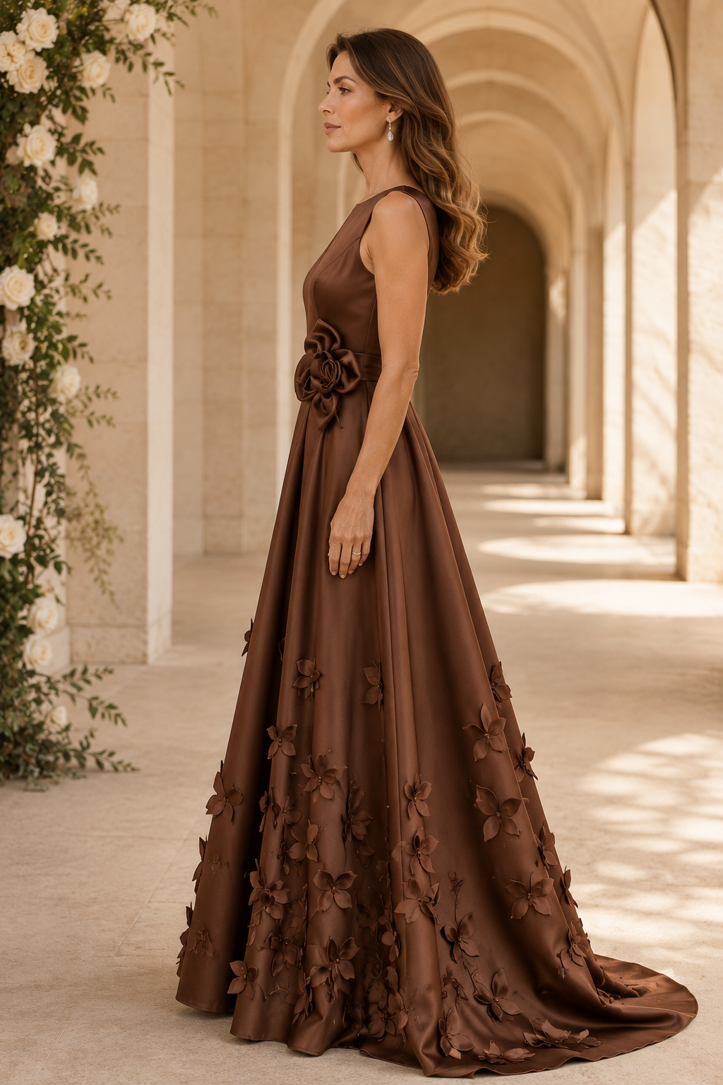 Sleeveless A-Line Gown with 3D Floral Appliques