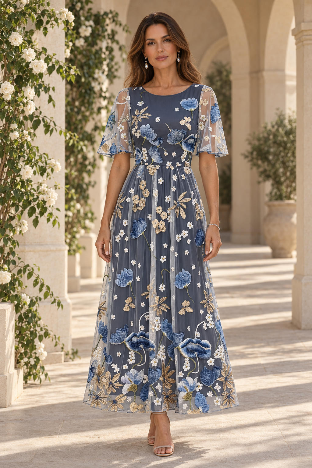 Floral Embroidered A-Line Dress with Flutter Sleeves