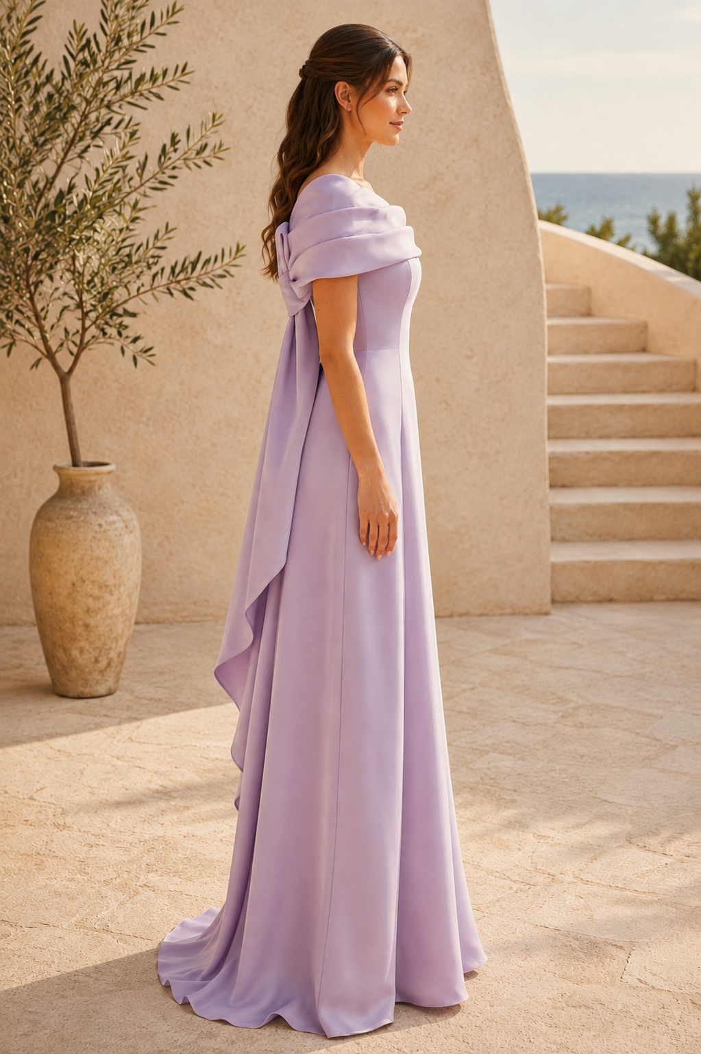 Off-the-Shoulder Satin Gown with Back Cascade Bow