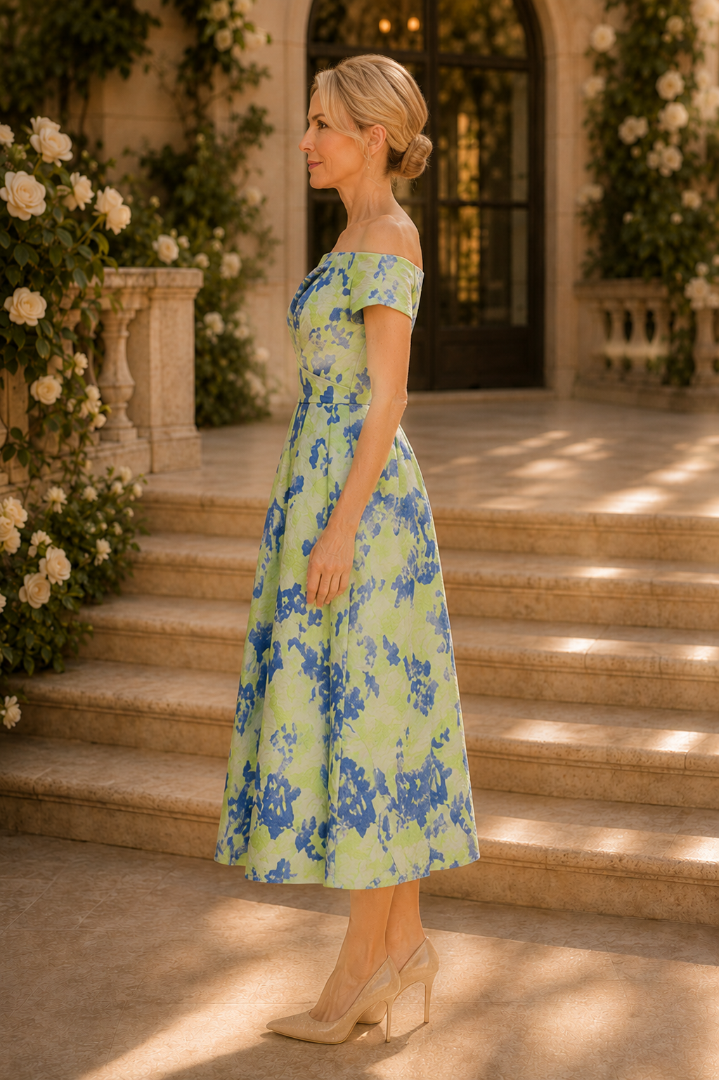 Off-Shoulder Pleated Floral Jacquard Midi Dress