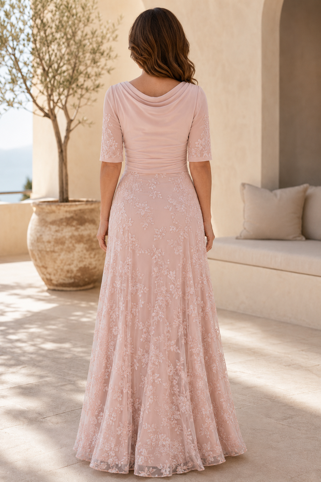 A-Line Lace Evening Gown with Cowl Neck and Elbow Sleeves