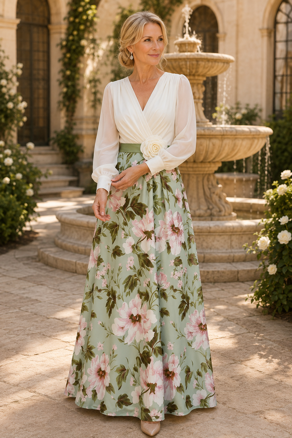 Floral Print A-Line Maxi Dress with Long Sleeves