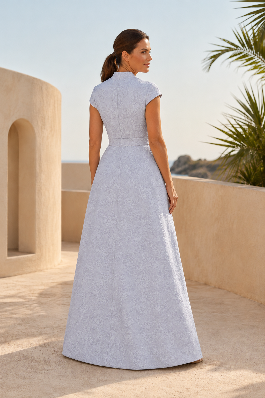 V-Neck Jacquard Gown with 3D Flower