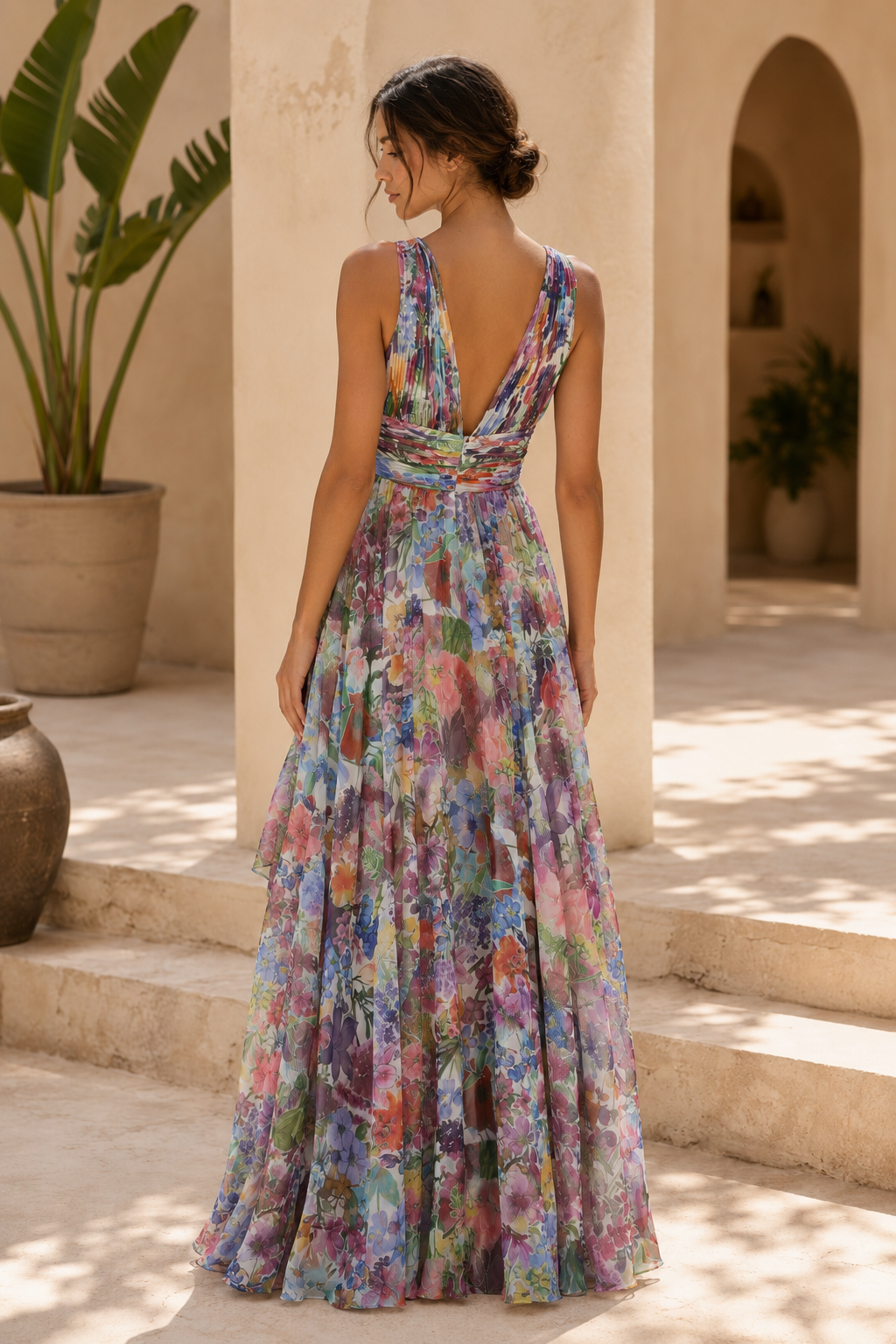 Floral Print Pleated Maxi Dress with High-Low Hem