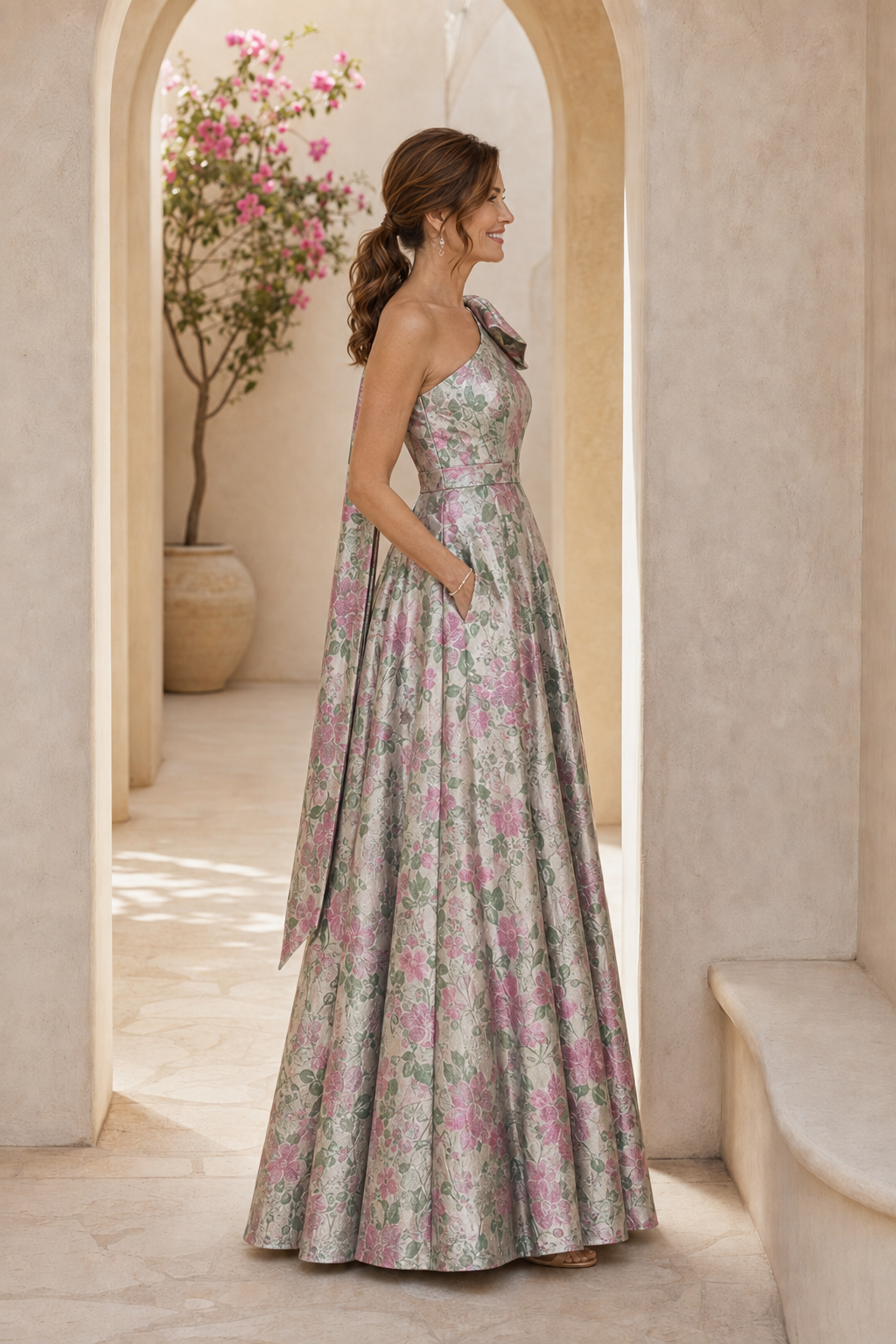 One-Shoulder Floral Jacquard A-Line Gown