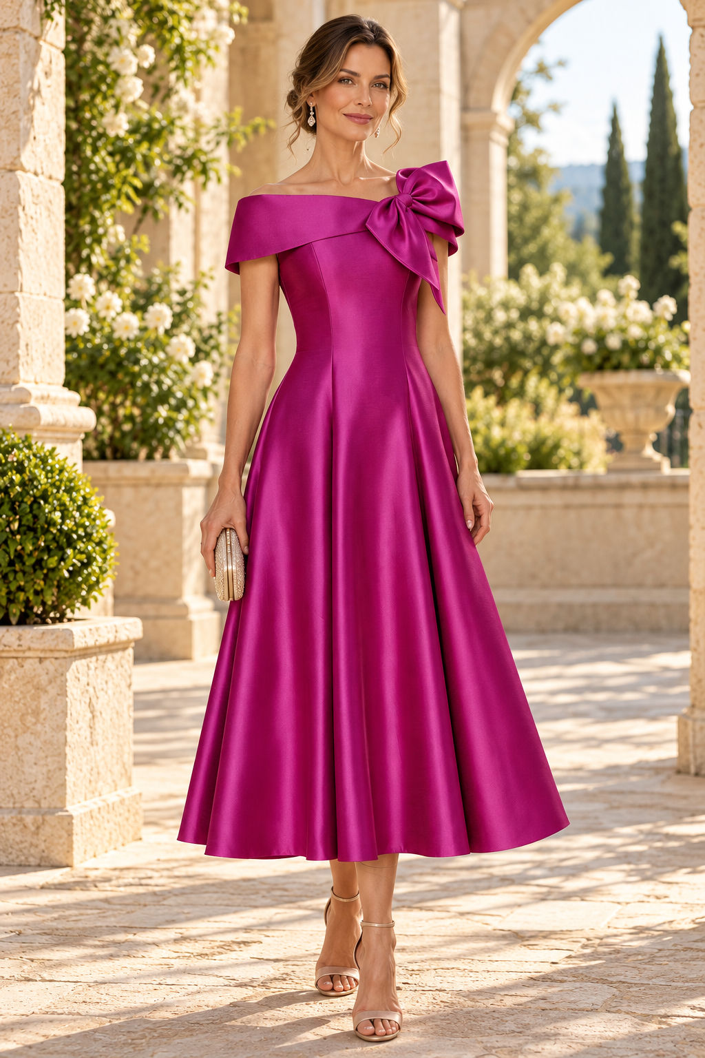 Off-the-Shoulder Bow A-Line Tea-Length Dress
