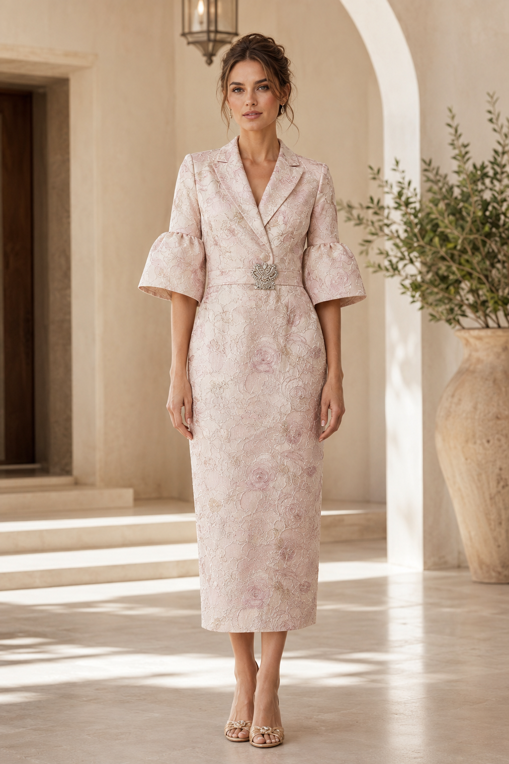 Floral Jacquard Midi Dress with Bell Sleeves
