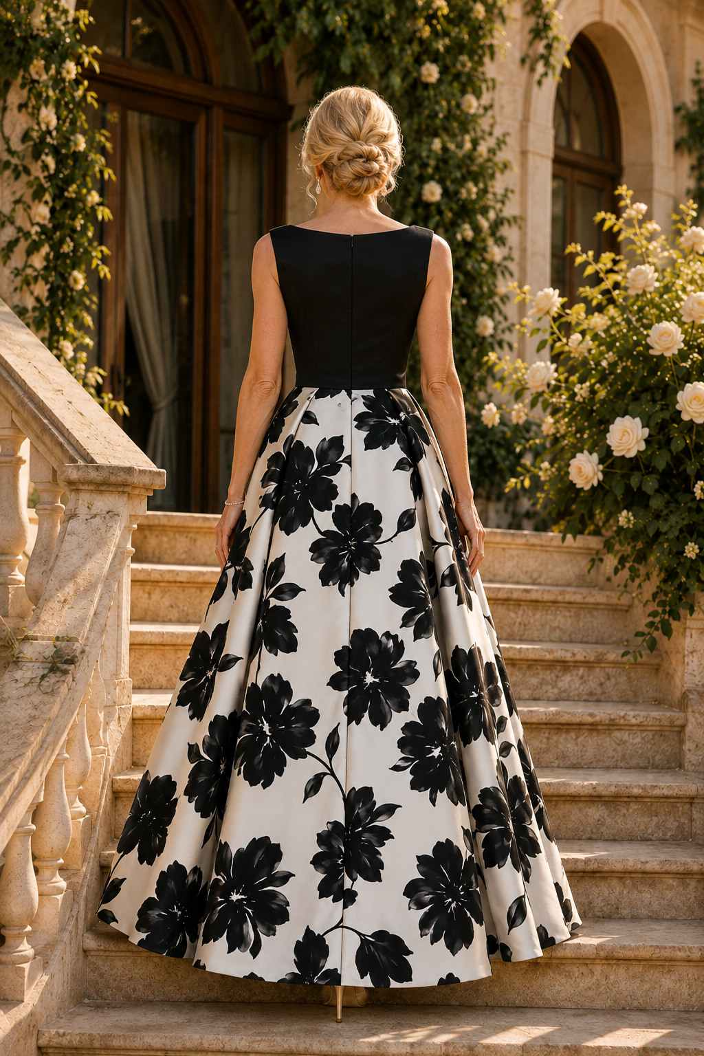 Bateau Sleeveless Floral Print Ball Gown