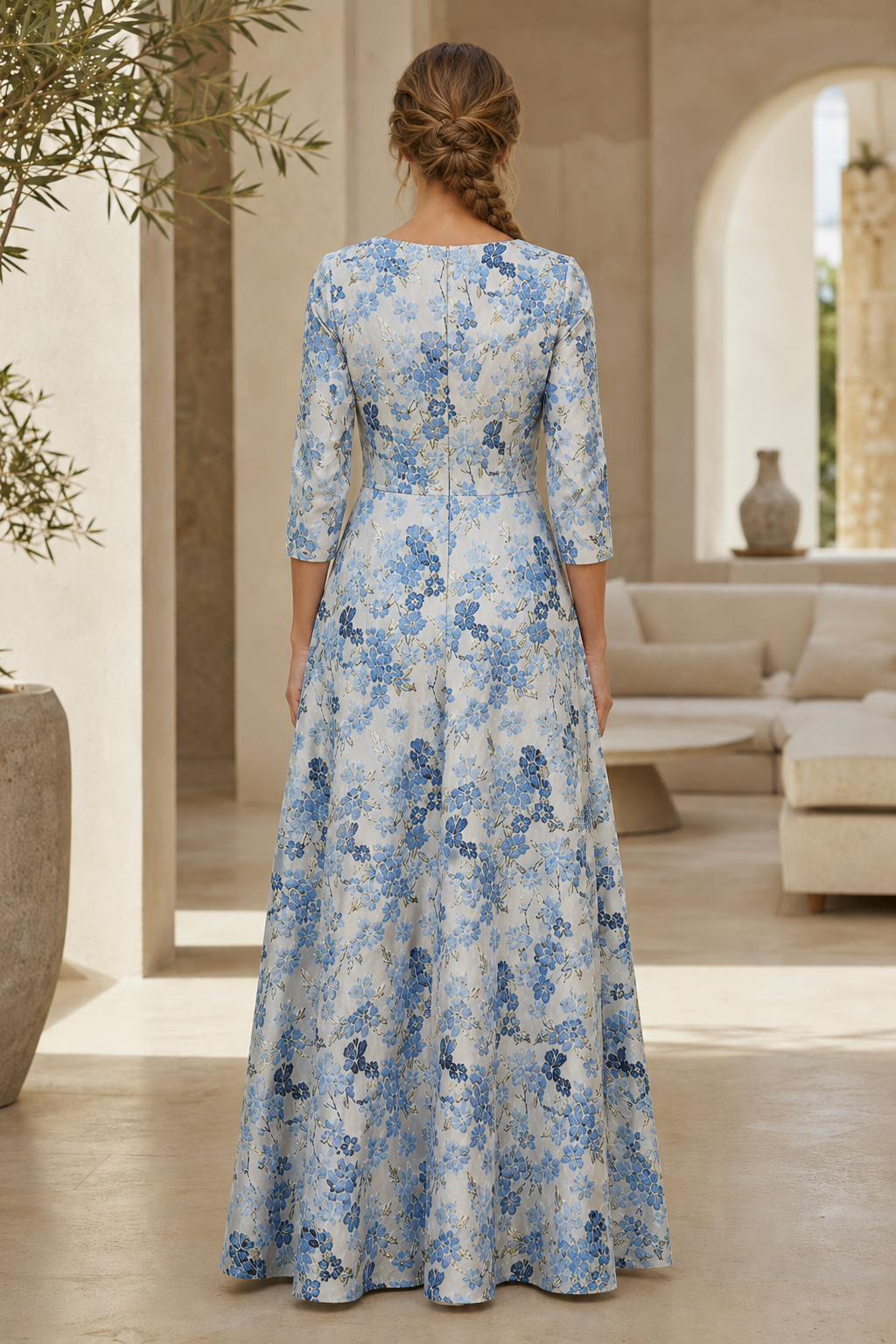 Floral Jacquard A-Line Gown with 3/4 Sleeves