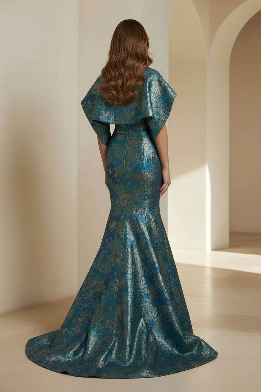 Strapless Metallic Jacquard Mermaid Gown with Shawl