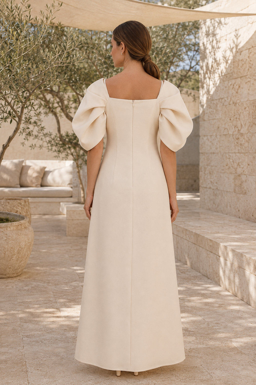 Square-Neck A-Line Gown with Puff Sleeves & 3D Flowers